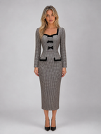 Women’s Check Midi Dress – Square Neck Long Sleeve Pencil Dress