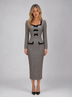 Women’s Check Midi Dress – Square Neck Long Sleeve Pencil Dress