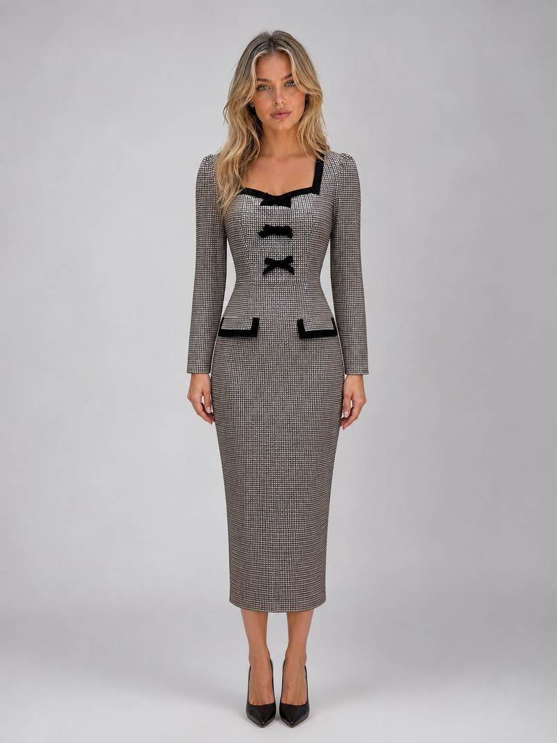 Women’s Check Midi Dress – Square Neck Long Sleeve Pencil Dress