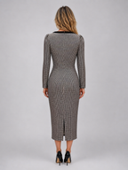 Women’s Check Midi Dress – Square Neck Long Sleeve Pencil Dress