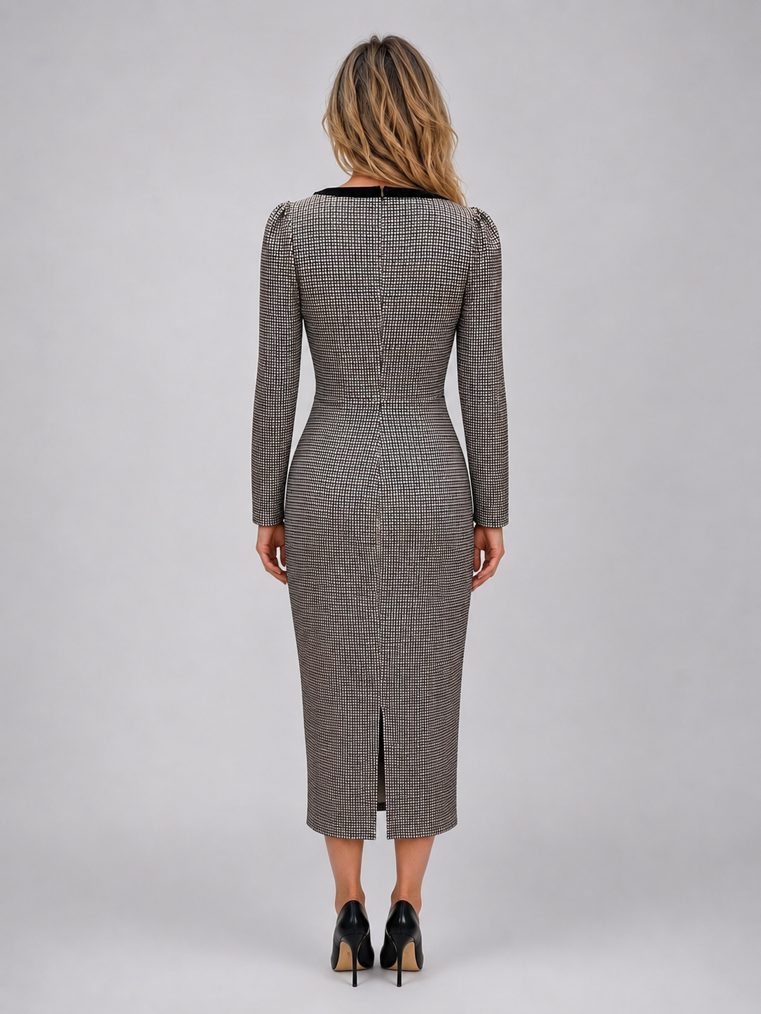 Women’s Check Midi Dress – Square Neck Long Sleeve Pencil Dress