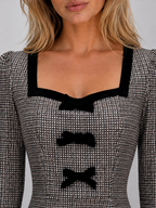 Women’s Check Midi Dress – Square Neck Long Sleeve Pencil Dress