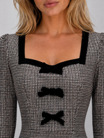 Women’s Check Midi Dress – Square Neck Long Sleeve Pencil Dress