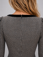 Women’s Check Midi Dress – Square Neck Long Sleeve Pencil Dress