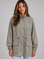 Women’s Checked Utility Jacket – High Neck Drawstring Field Coat