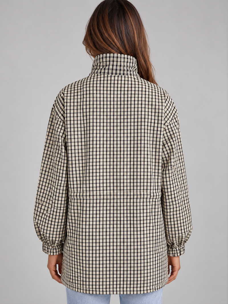 Women’s Checked Utility Jacket – High Neck Drawstring Field Coat