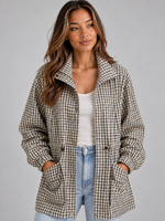 Women’s Checked Utility Jacket – High Neck Drawstring Field Coat