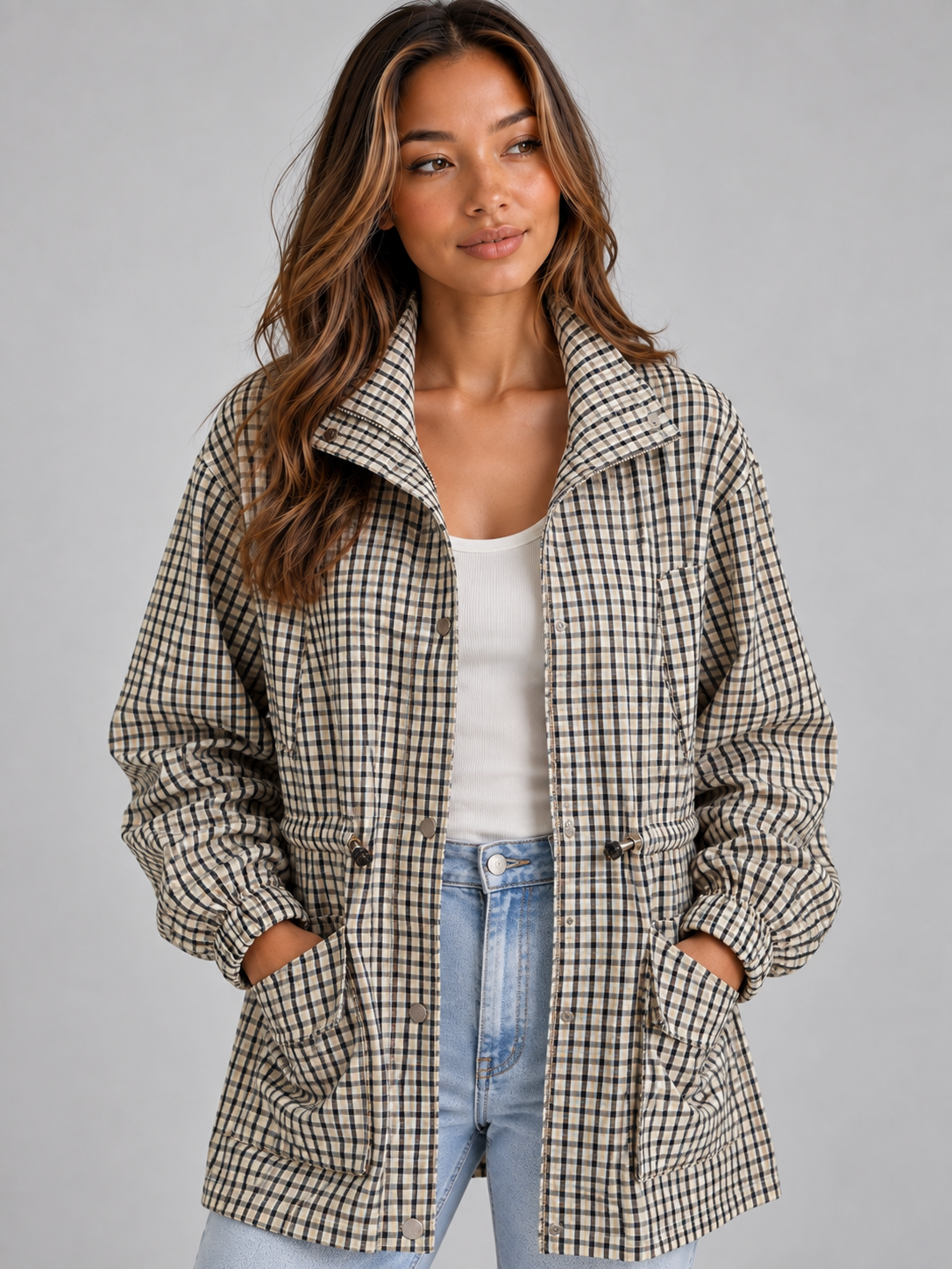 Women’s Checked Utility Jacket – High Neck Drawstring Field Coat