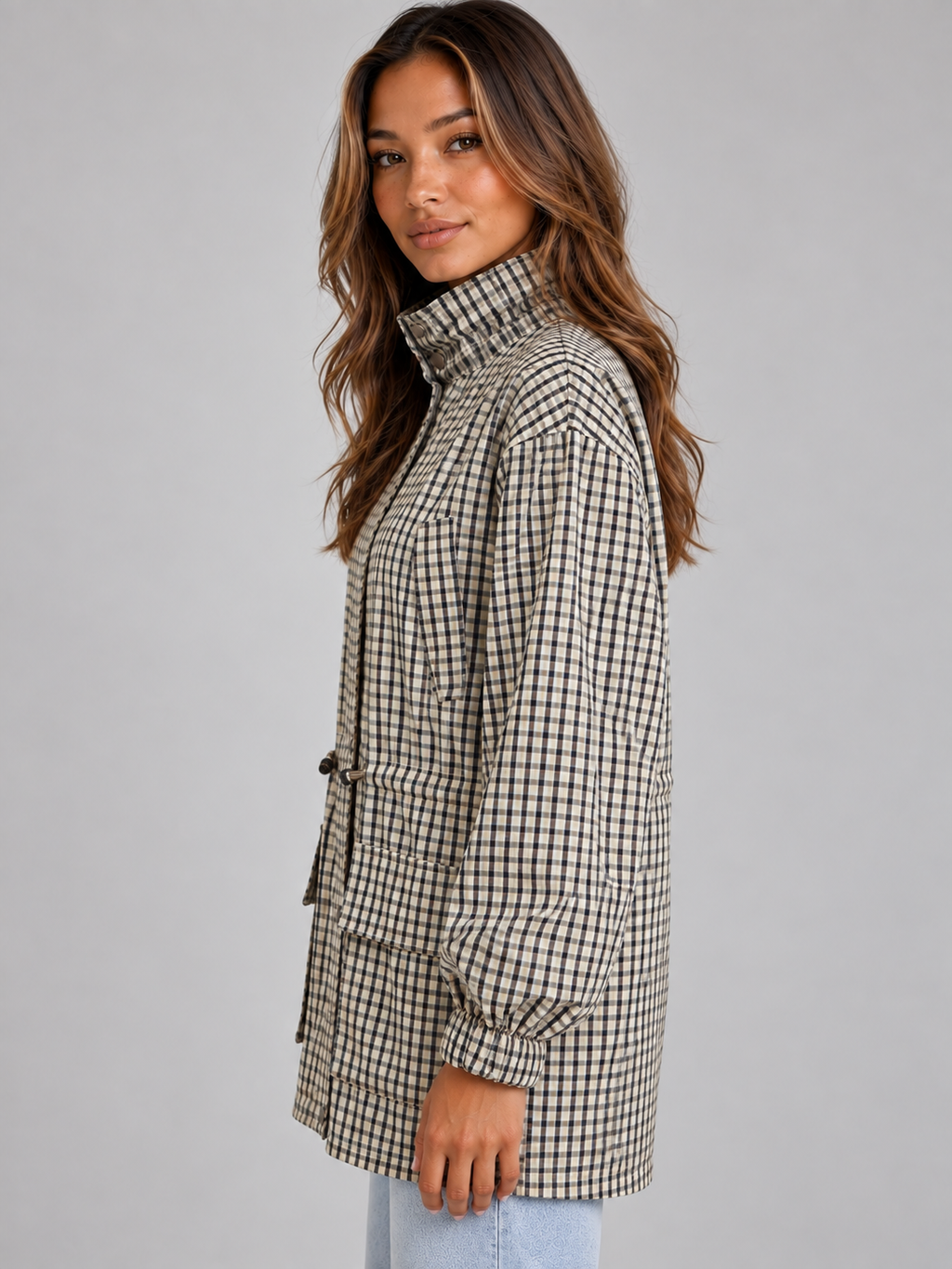 Women’s Checked Utility Jacket – High Neck Drawstring Field Coat
