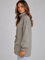 Women’s Checked Utility Jacket – High Neck Drawstring Field Coat