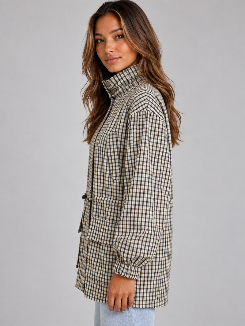 Women’s Checked Utility Jacket – High Neck Drawstring Field Coat