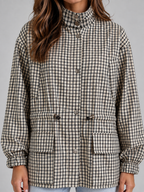 Women’s Checked Utility Jacket – High Neck Drawstring Field Coat