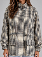 Women’s Checked Utility Jacket – High Neck Drawstring Field Coat
