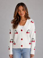 Women's Cherry Print Cardigan – V-Neck Button Front Knit