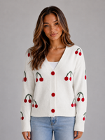 Women's Cherry Print Cardigan – V-Neck Button Front Knit