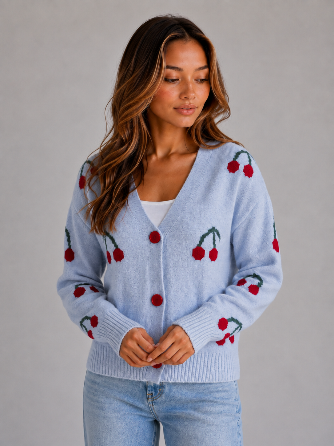 Women's Cherry Print Cardigan – V-Neck Button Front Knit