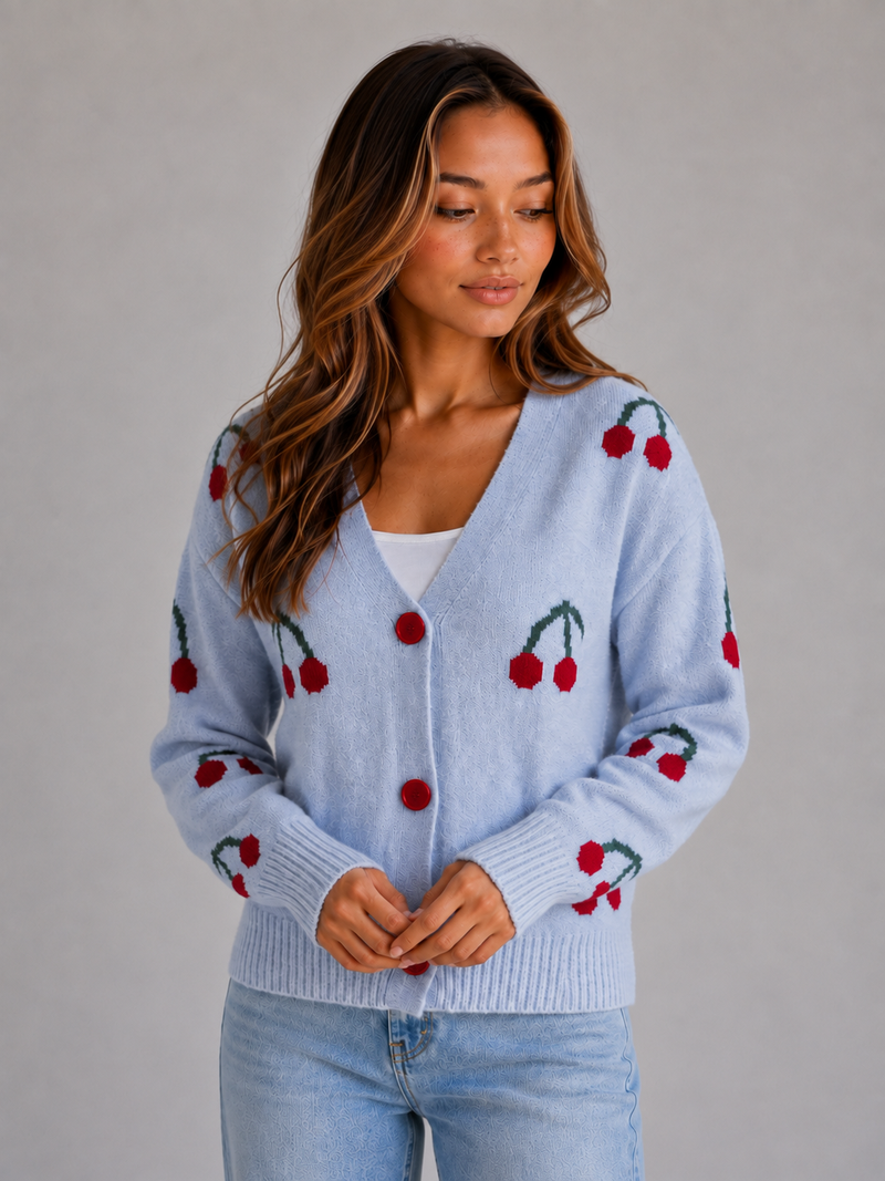 Women's Cherry Print Cardigan – V-Neck Button Front Knit