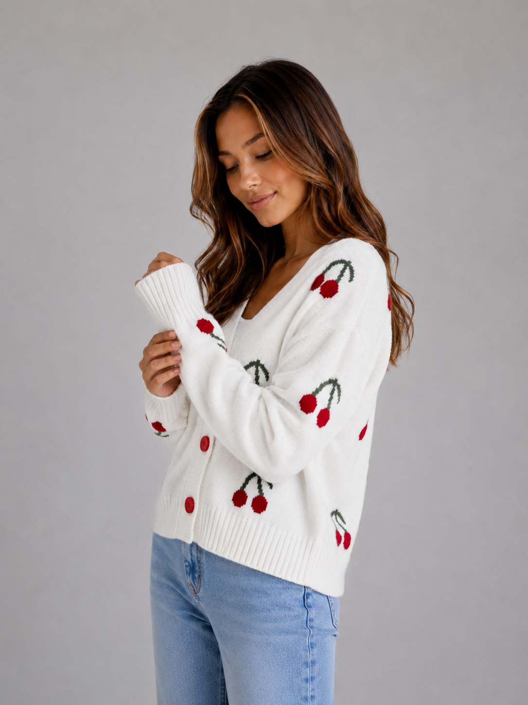 Women's Cherry Print Cardigan – V-Neck Button Front Knit
