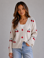 Women's Cherry Print Cardigan – V-Neck Button Front Knit