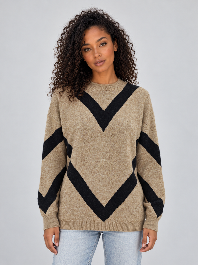Women’s Chevron Knit Jumper – Crew Neck Relaxed Fit Pullover