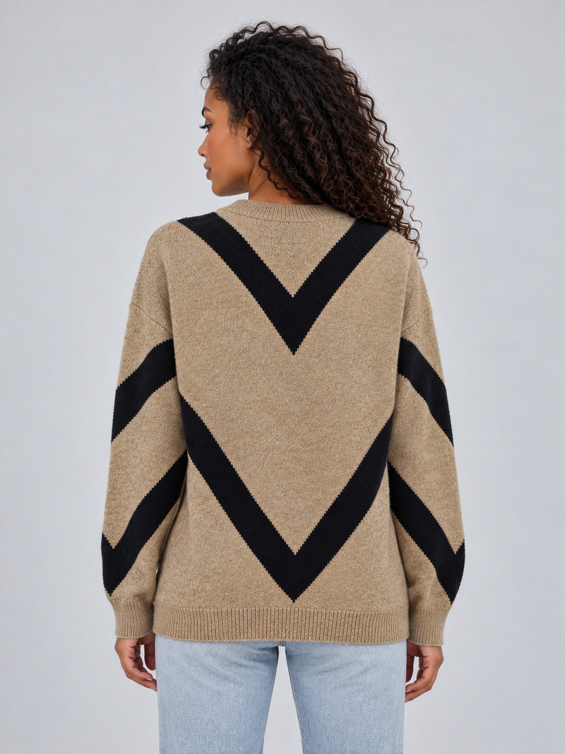 Women’s Chevron Knit Jumper – Crew Neck Relaxed Fit Pullover