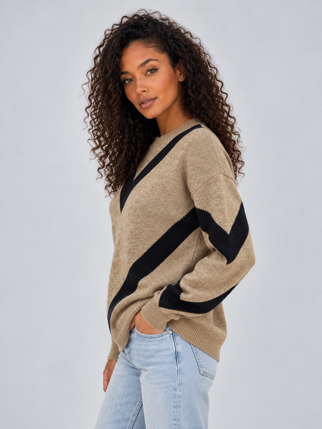 Women’s Chevron Knit Jumper – Crew Neck Relaxed Fit Pullover