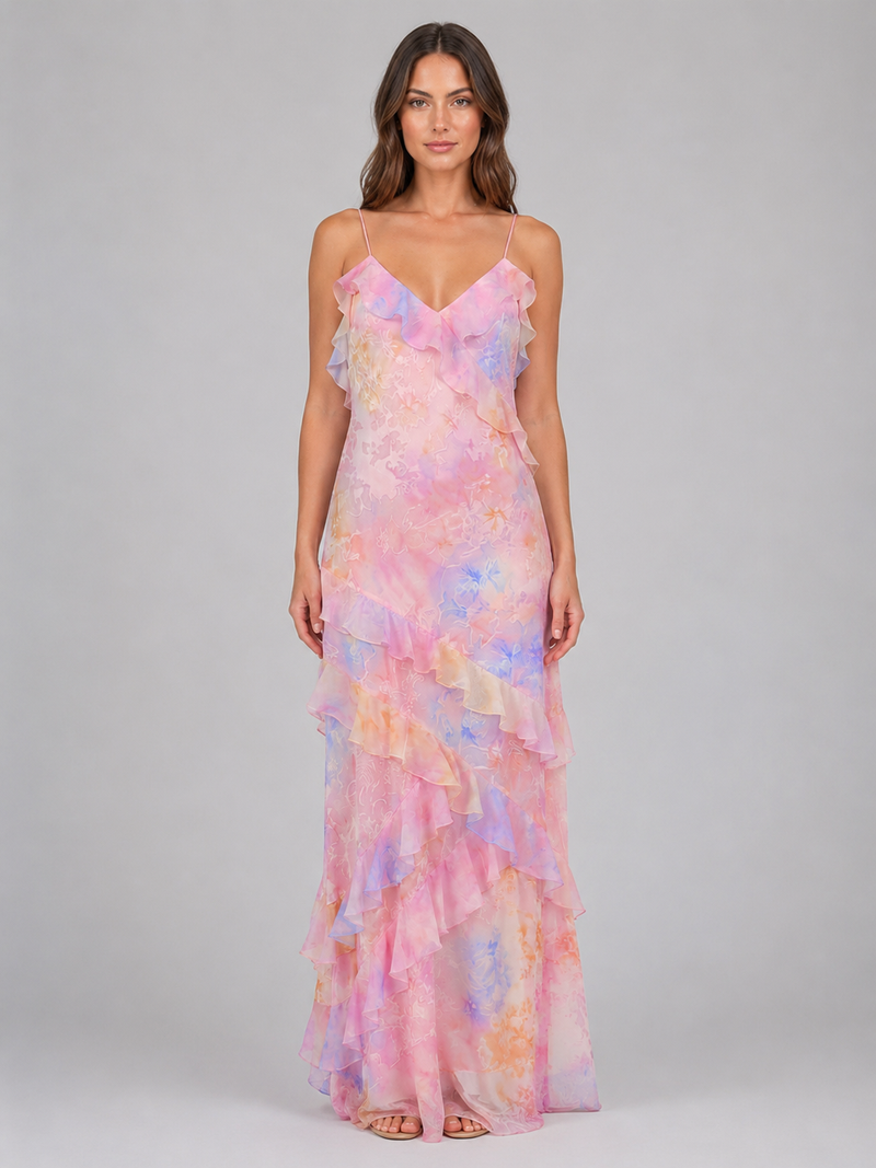 Women’s Chiffon Floral Ruffle Maxi Dress – Wedding Guest Occasion