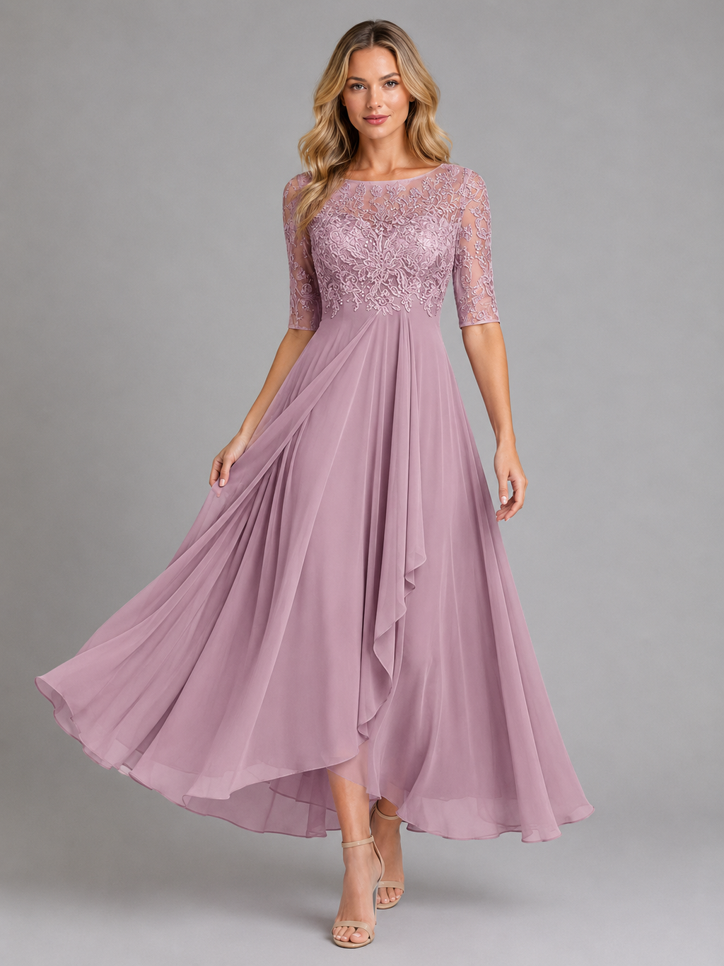 Women's Chiffon Lace Midi Dress – Flowing Silhouette