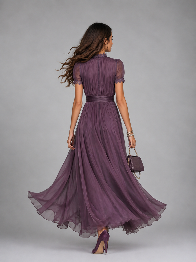 Women’s Chiffon Lace Trim Maxi Dress – Flowing Silhouette