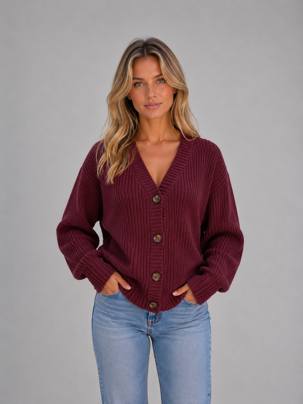 Women's Chunky Knit Cardigan – Button Front V-Neck Soft Ribbed Jumper