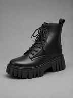 Women’s Chunky Leather Look Combat Boots – Lace-Up Platform Ankle Boots