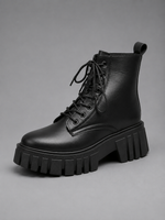 Women’s Chunky Leather Look Combat Boots – Lace-Up Platform Ankle Boots