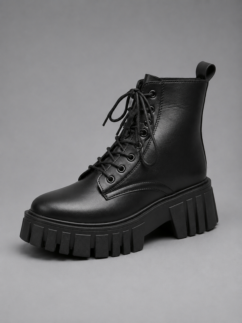 Women’s Chunky Leather Look Combat Boots – Lace-Up Platform Ankle Boots