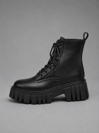 Women’s Chunky Leather Look Combat Boots – Lace-Up Platform Ankle Boots