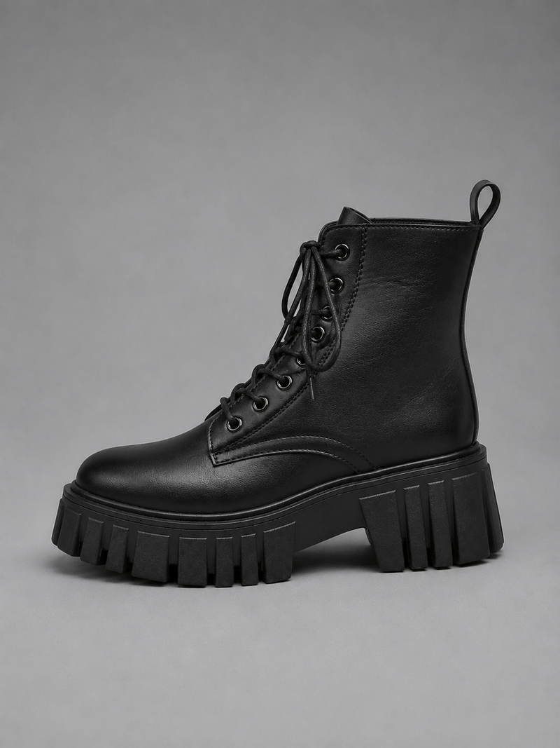 Women’s Chunky Leather Look Combat Boots – Lace-Up Platform Ankle Boots