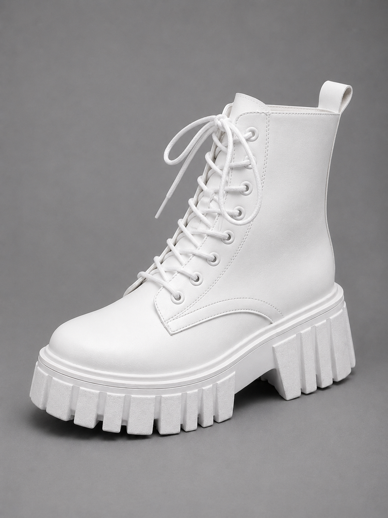 Women’s Chunky Leather Look Combat Boots – Lace-Up Platform Ankle Boots