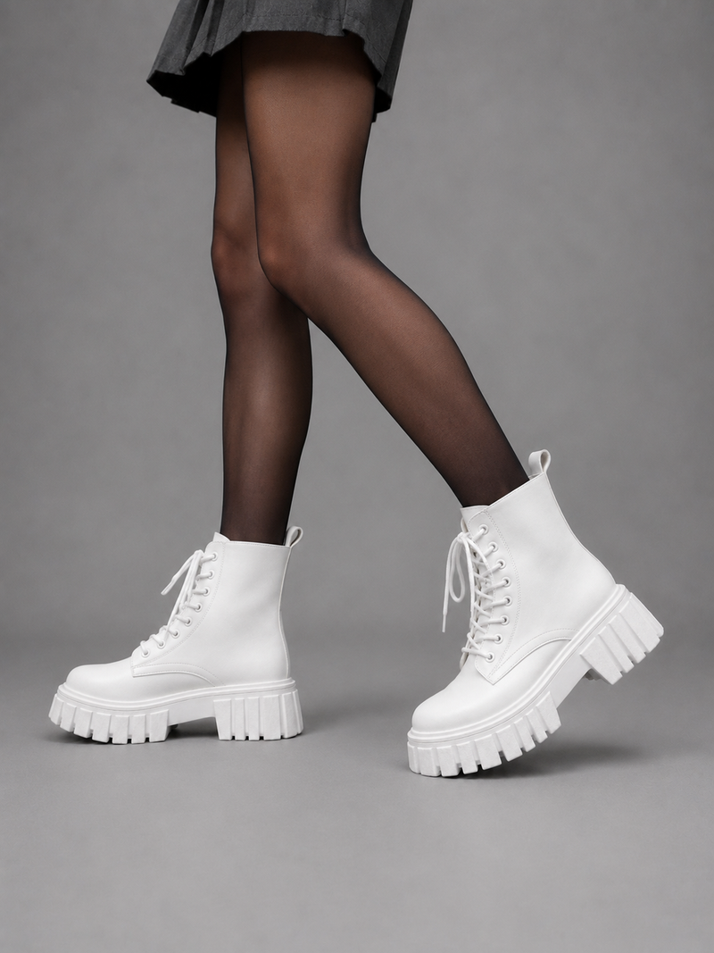 Women’s Chunky Leather Look Combat Boots – Lace-Up Platform Ankle Boots