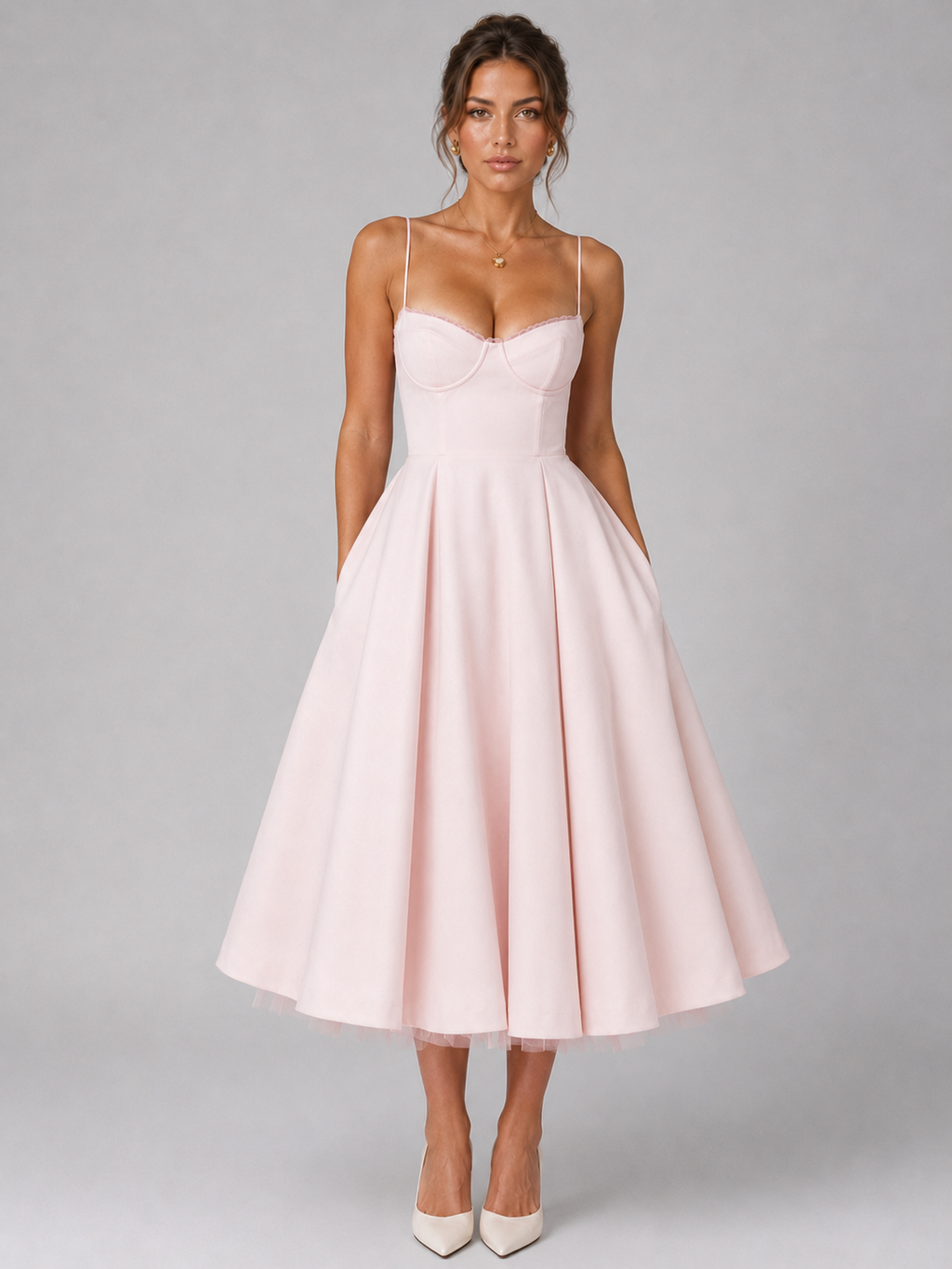 Women’s Corset Midi Dress with Full Skirt – Elegant Occasion Style