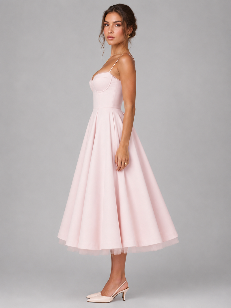 Women’s Corset Midi Dress with Full Skirt – Elegant Occasion Style
