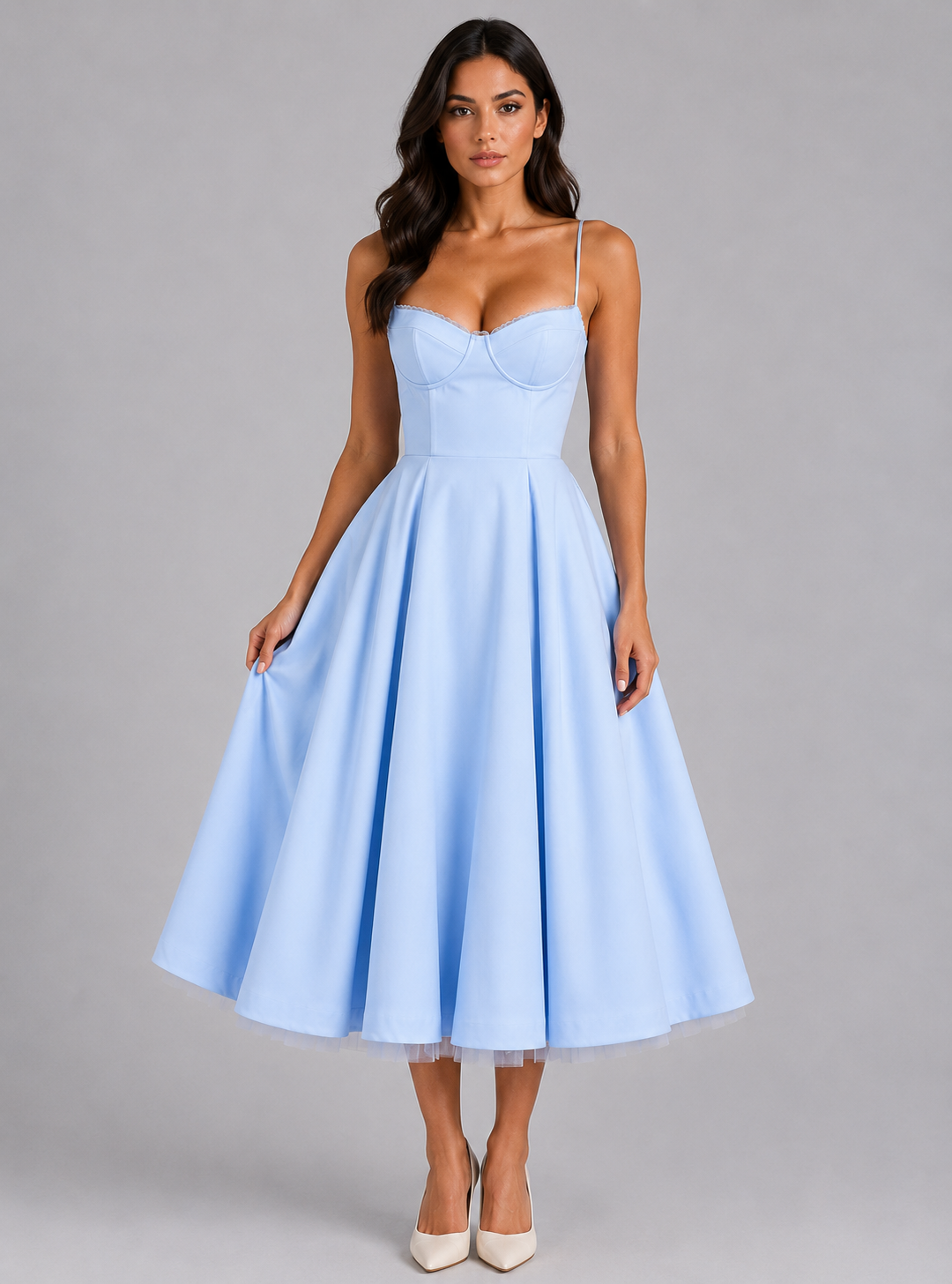 Women's Corset Midi Dress with Full Skirt – Elegant Occasion Style – Montleigh