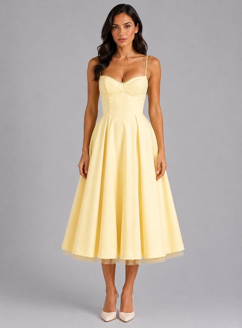 Women's Corset Midi Dress with Full Skirt – Elegant Occasion Style – Montleigh