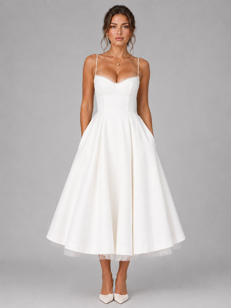midi dress with full skirt Floral A-Line Cream Midi Cottagecore Corset Dress Cream White Floral / Large