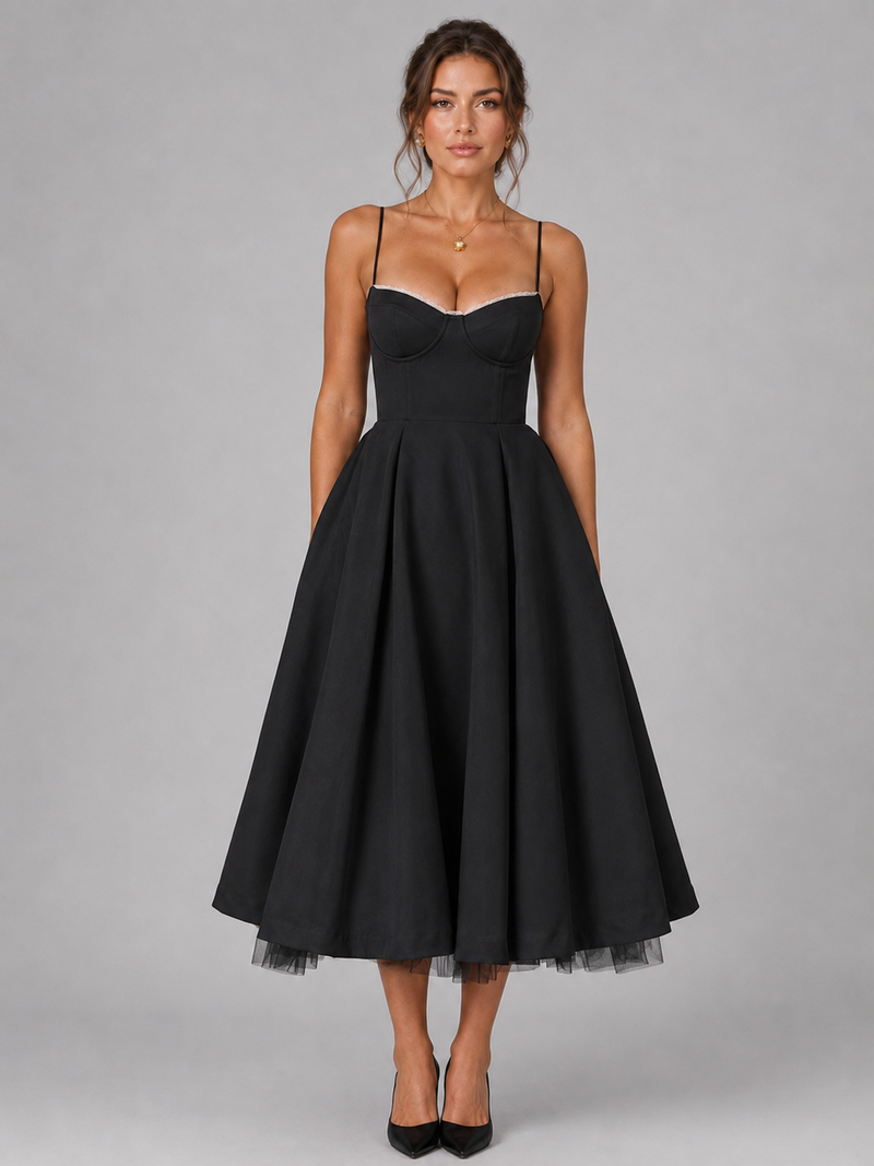 black midi dress full skirt Black Ribbed Off Shoulder Fold Down Neck Pleated Skirt Midi Dress *FINAL SALE*