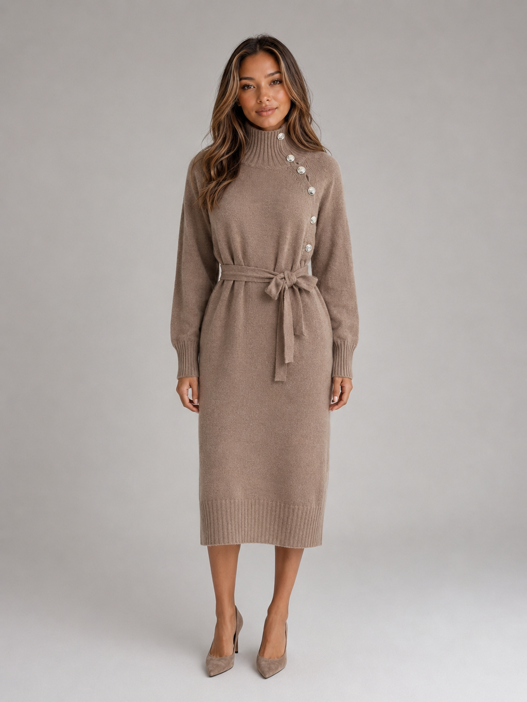 Women’s Cotton Knitted Midi Dress – Roll Neck Belted Jumper Dress