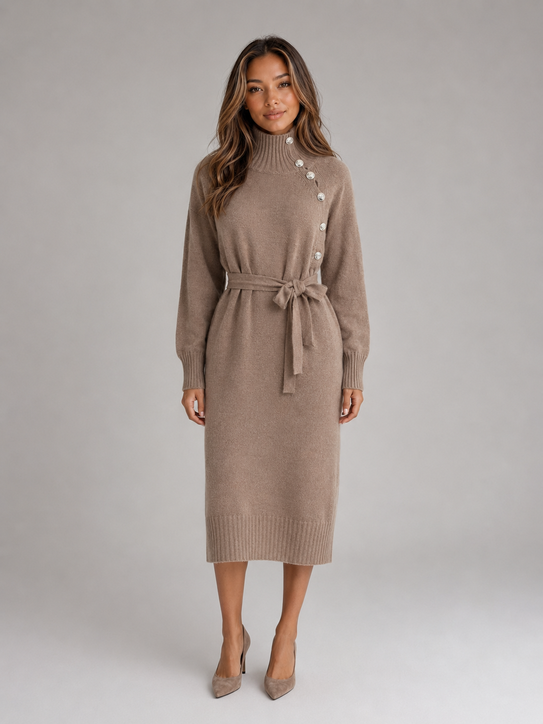 Women’s Cotton Knitted Midi Dress – Roll Neck Belted Jumper Dress