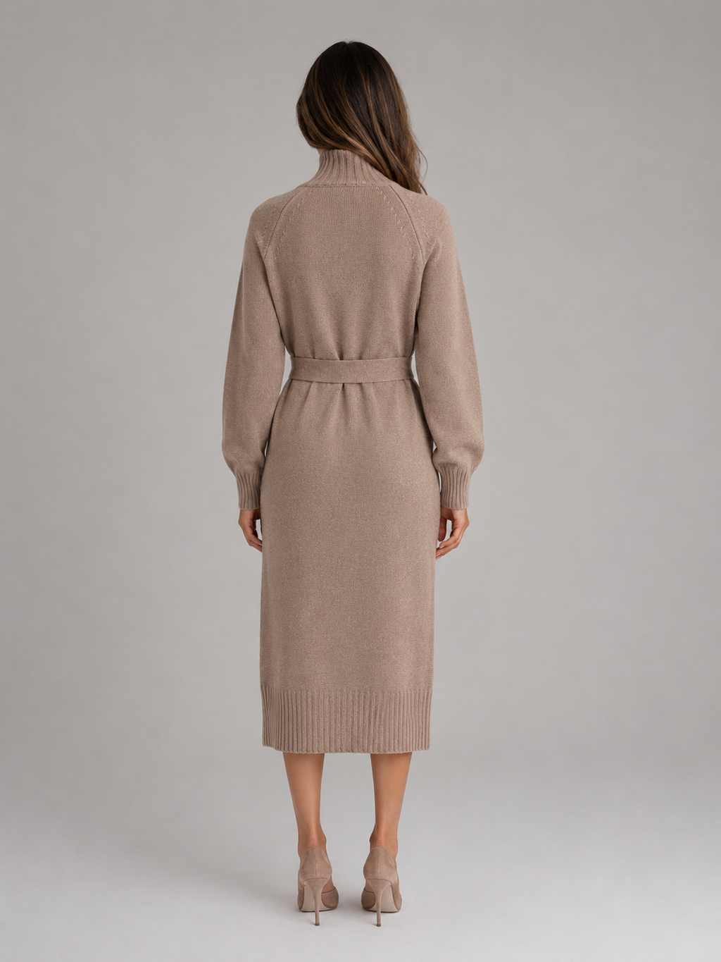 Women’s Cotton Knitted Midi Dress – Roll Neck Belted Jumper Dress