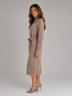 Women’s Cotton Knitted Midi Dress – Roll Neck Belted Jumper Dress