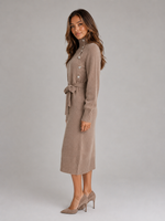Women’s Cotton Knitted Midi Dress – Roll Neck Belted Jumper Dress