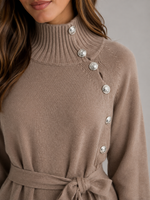 Women’s Cotton Knitted Midi Dress – Roll Neck Belted Jumper Dress