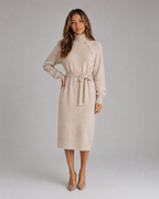 Women’s Cotton Knitted Midi Dress – Roll Neck Belted Jumper Dress